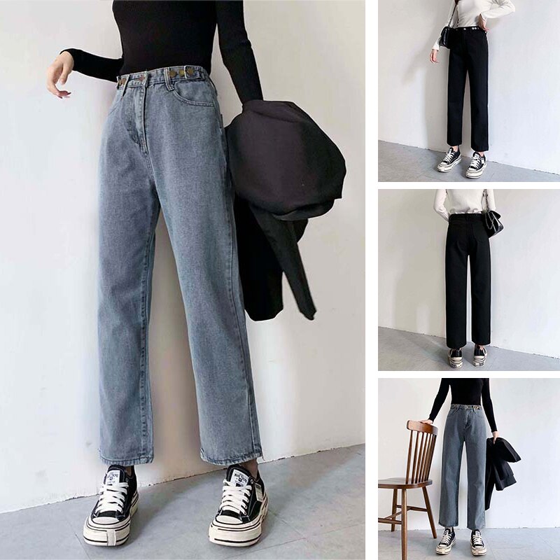 Casual wide-leg jeans solid color washed distressed high waist autumn and winter Korean style all-match jeans women